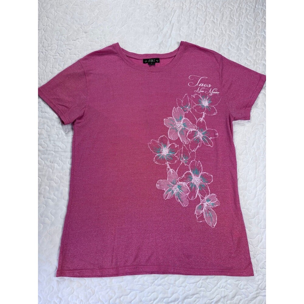 E.M.I. Pink Tropical Floral Print Knit Crewneck Short Sleeve Blouse size large